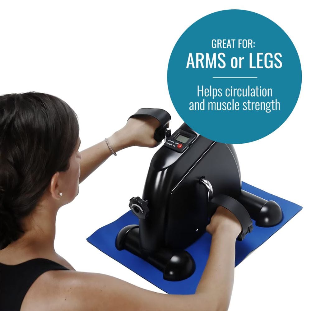 Person using a mini exercise bike with text highlighting benefits on a white background