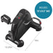 Black mini exercise bike with digital display and dimensions on a white background