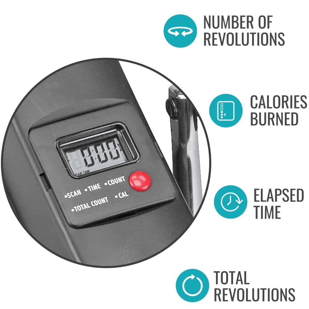 Digital counter with a red button on a white background, showing features like number of revolutions, calories burned, elapsed time, and total revolutions.