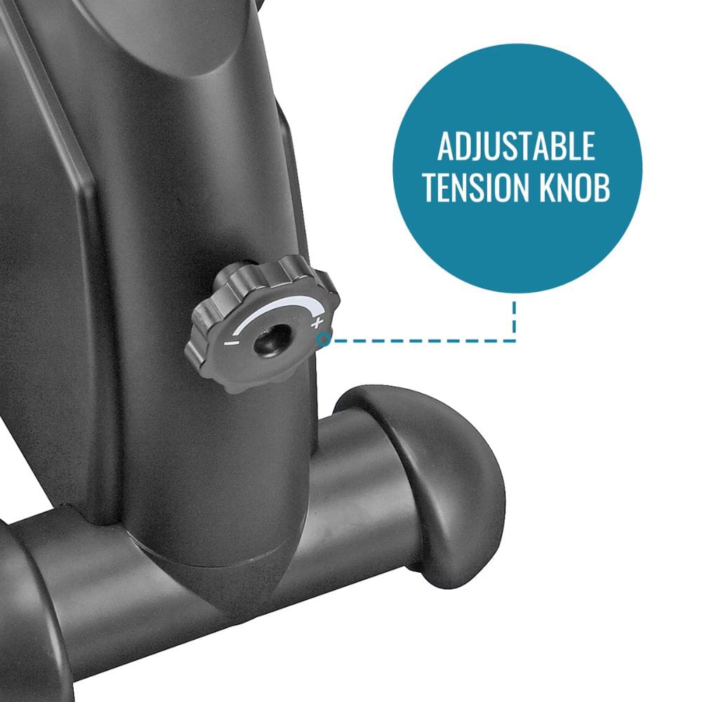 Close-up of an adjustable tension knob on a piece of exercise equipment with a blue label indicating its function.