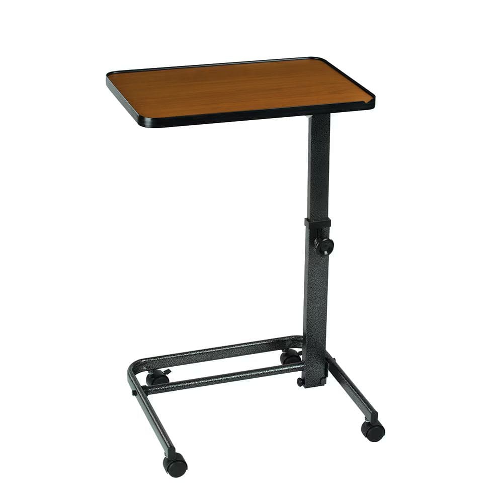 Adjustable height table with wooden top and black metal base on a white background