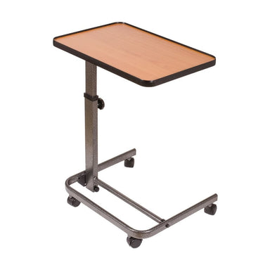 Adjustable height table with wooden top and metal frame on a white background