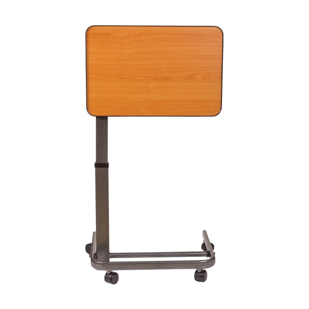 Wooden adjustable table on wheels with a white background