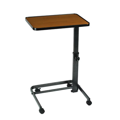 Adjustable height table with wooden top and black metal base on a white background