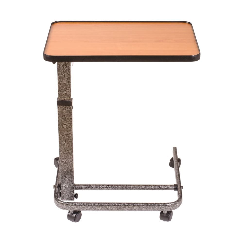 Adjustable height desk with wooden top and metal frame on a white background