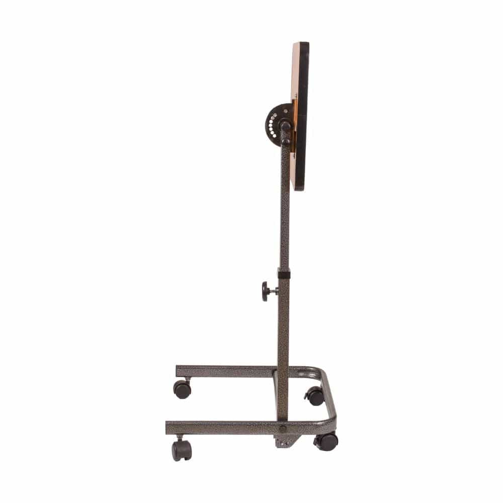 Black adjustable stand with wheels on a white background
