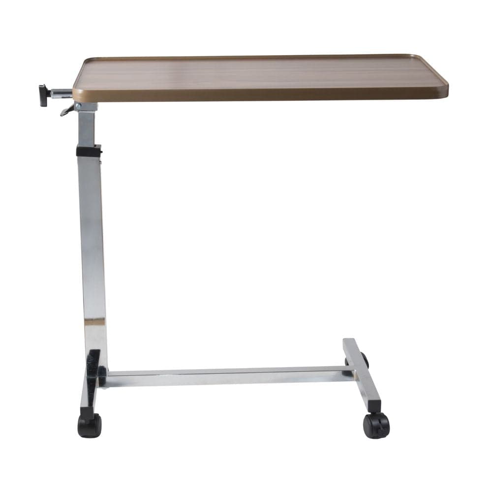 Adjustable overbed table with wooden top and metal frame on a white background