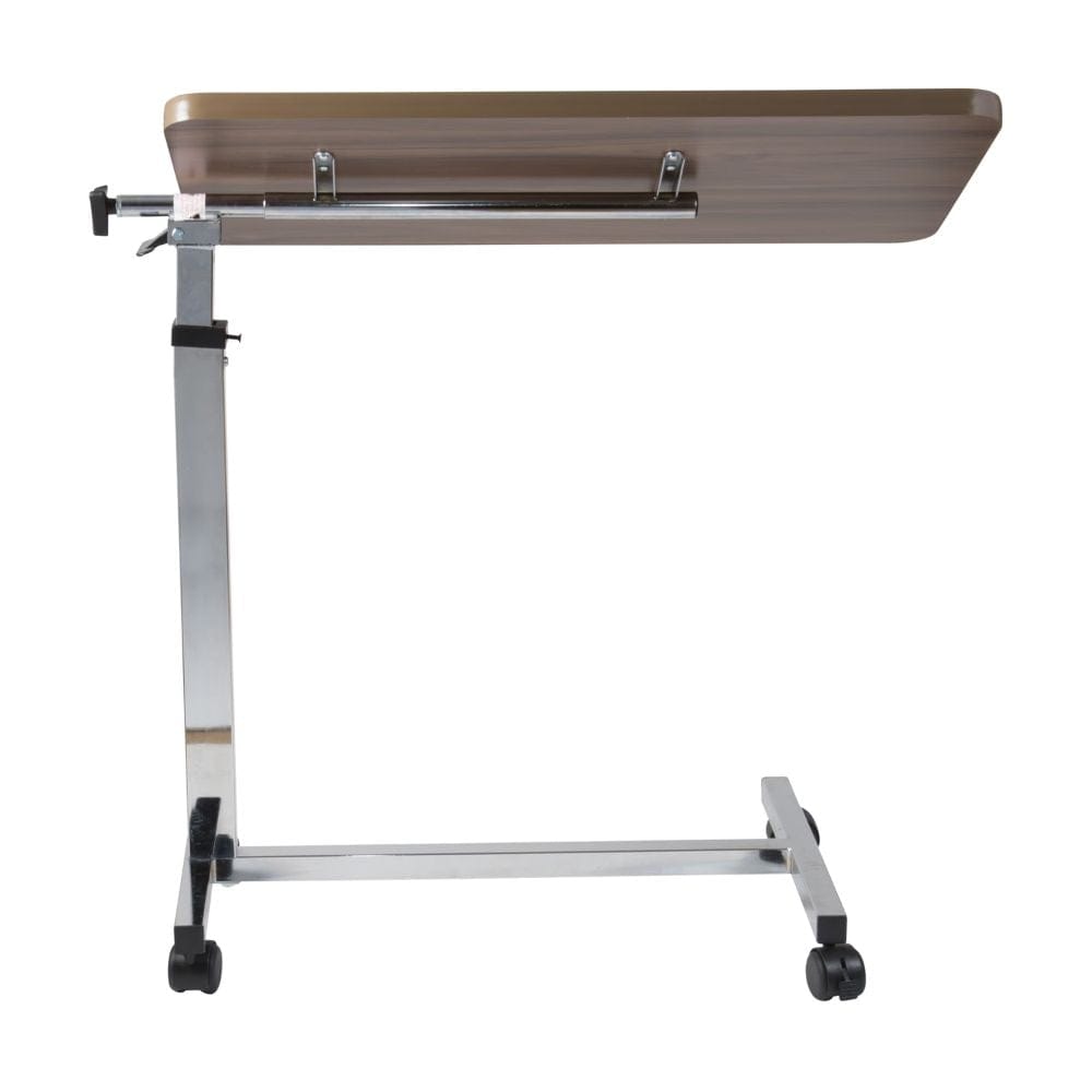 Adjustable hospital bed with wooden top and metal frame on a white background