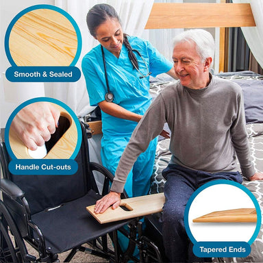 Nurse assisting a patient with a wooden transfer board, surrounded by close-up details of the board's features.