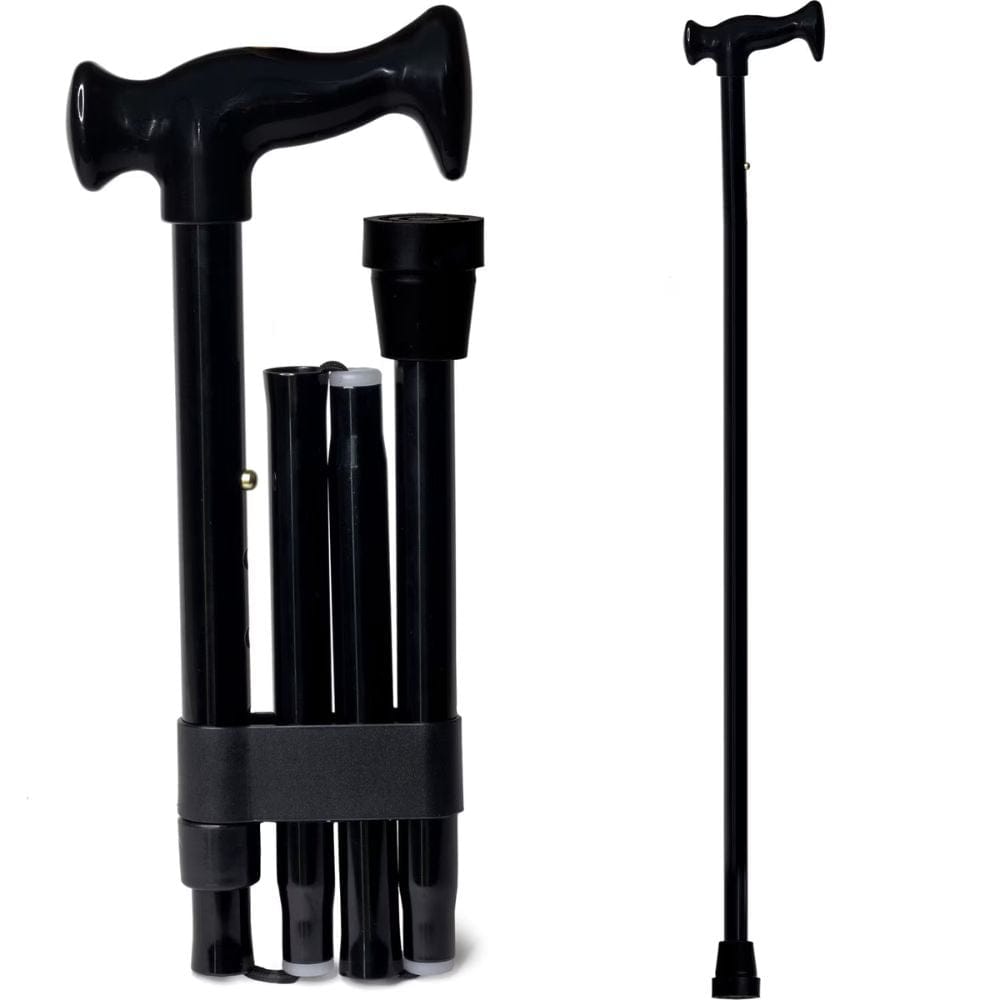 Black adjustable walking cane on a white background