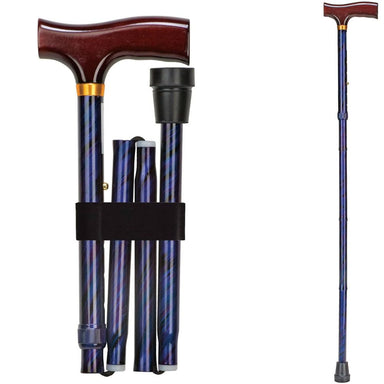 Collapsible walking cane with wooden handle on a white background