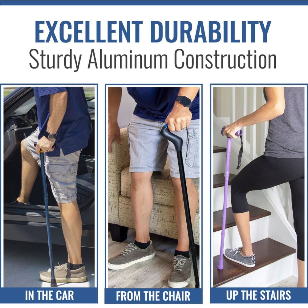 Three scenarios showing a person using a cane: in the car, from the chair, and up the stairs. Text highlights 'Excellent Durability' and 'Sturdy Aluminum Construction'.