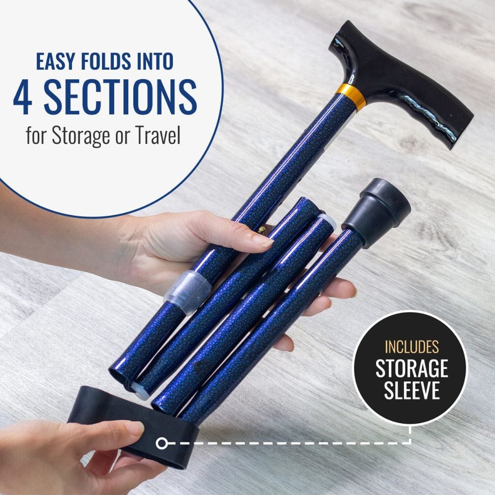 Collapsible walking stick with storage sleeve on a light background