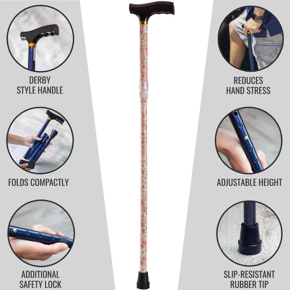 Walking cane with features highlighted on a gray background
