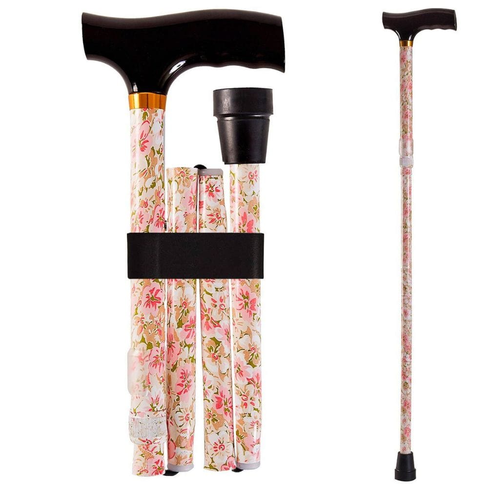 Floral-patterned walking cane with black handle and base on a white background