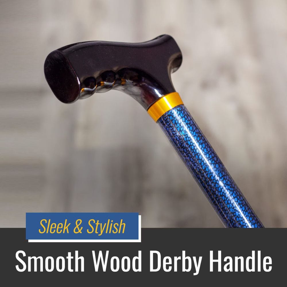 Wooden handle with blue and gold accents on a blurred background