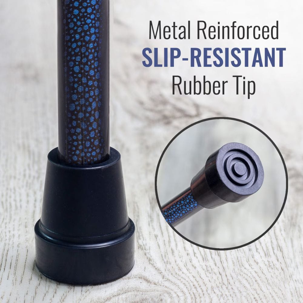 Metal reinforced slip-resistant rubber tip on a textured surface with text overlay.