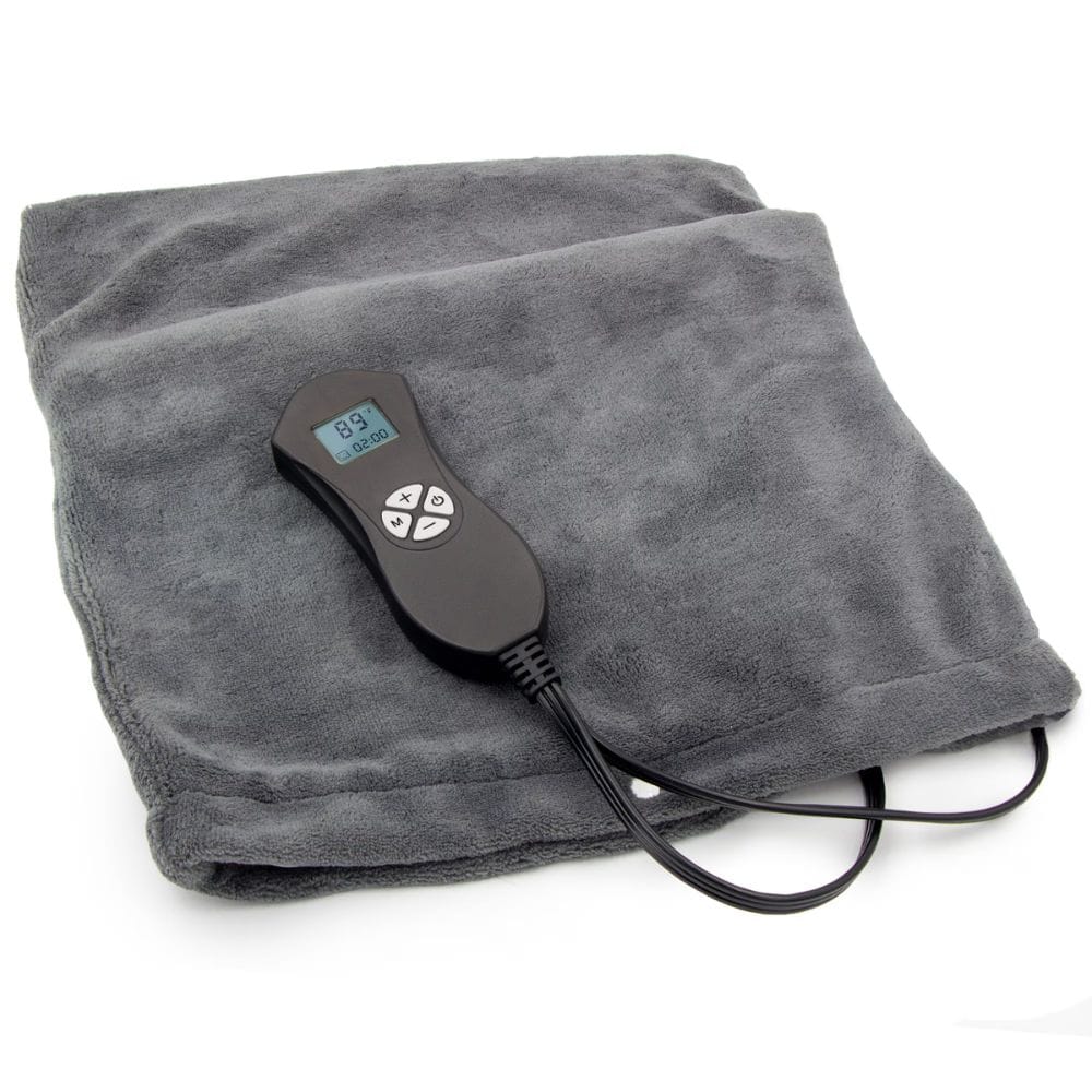 Gray heating pad with digital controller on a white background