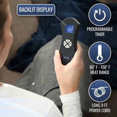 Hand holding a digital thermometer with features highlighted on a blurred background