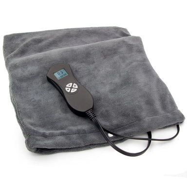 Gray heating pad with digital controller on a white background
