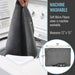 Gray micro-fleece cover held by a hand with washing machine in background, showing dimensions and washability text.
