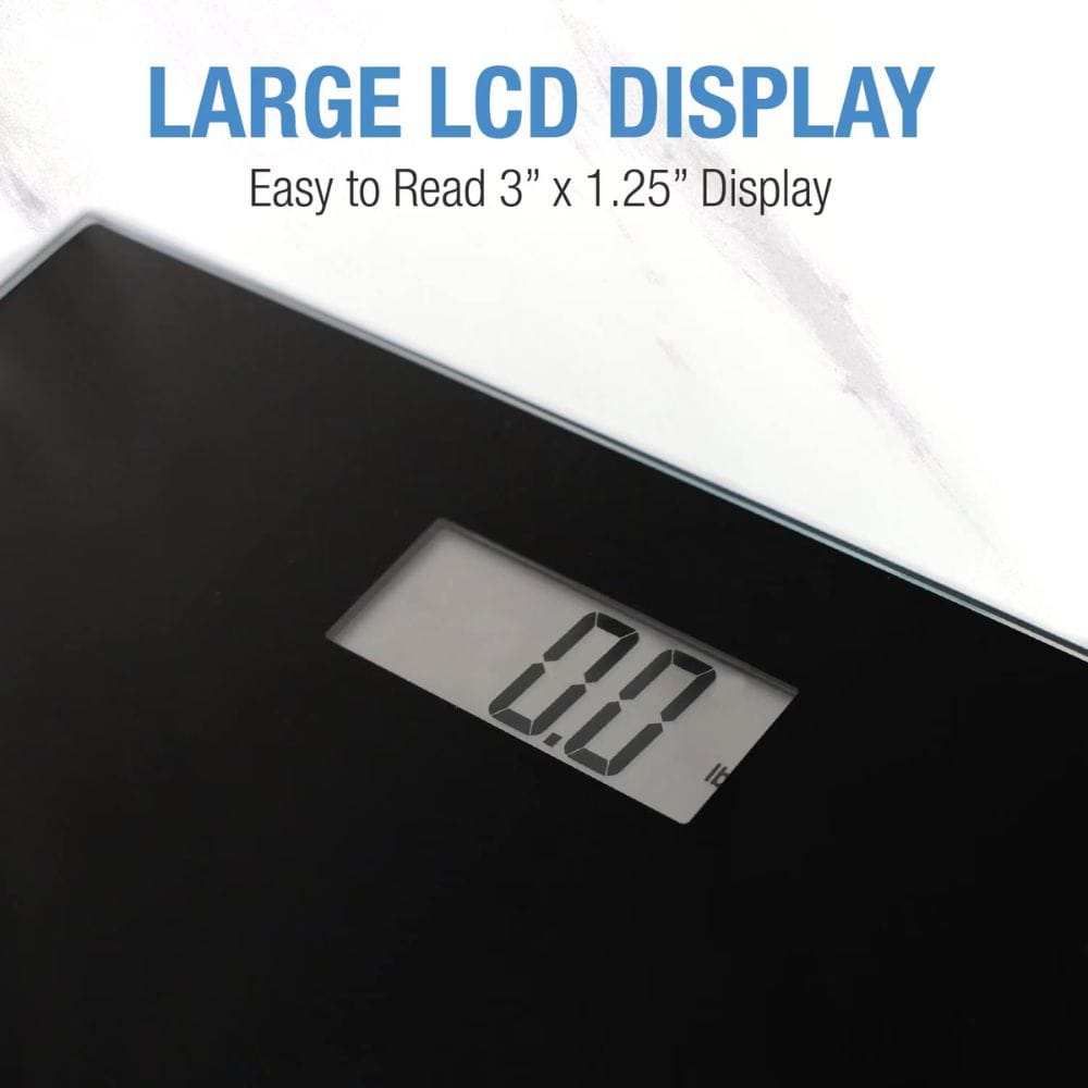 Digital bathroom scale with large LCD display on a white background