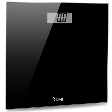 Black digital bathroom scale with a clear glass surface on a white background
