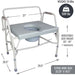 Medical commode chair with dimensions and weight capacity on a white background