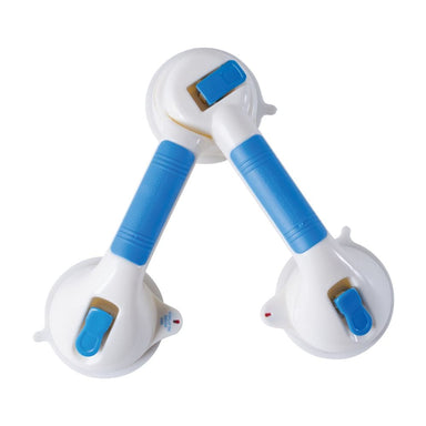 Pair of blue and white suction cup handles on a white background
