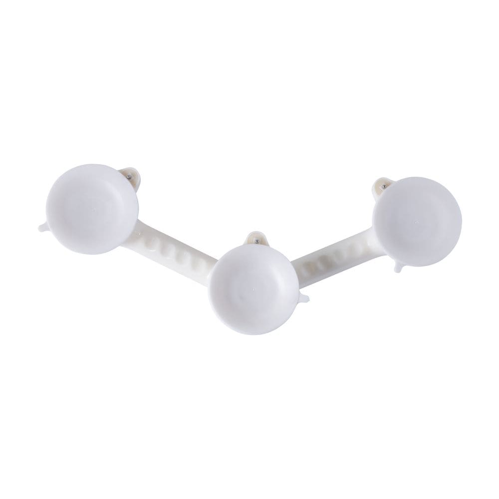 Three white spherical objects connected by a central rod on a white background