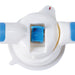 Close-up of a white and blue device with a small blue compartment on a white background
