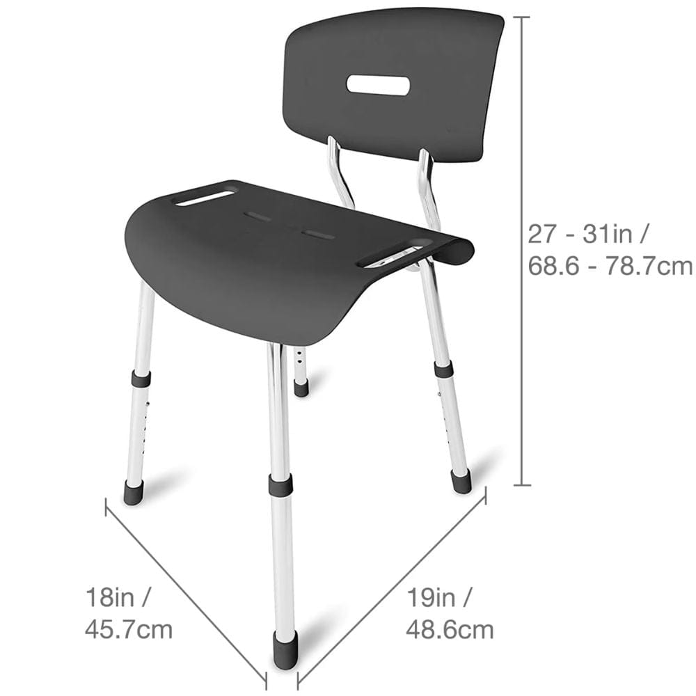 Black adjustable study chair with dimensions on a white background