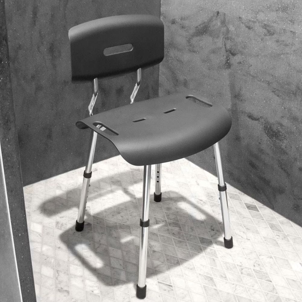 Gray shower chair with backrest on a tiled floor