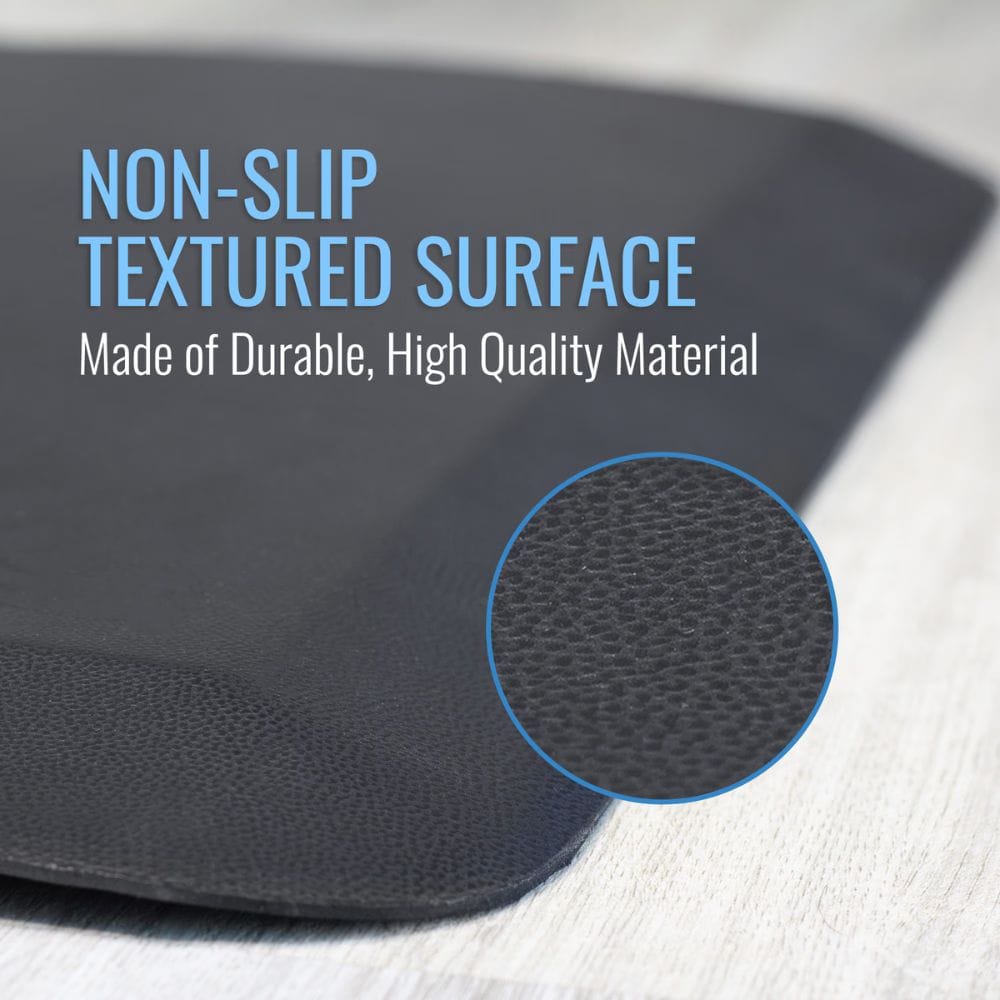 Textured surface mat with non-slip feature and durable material text overlay