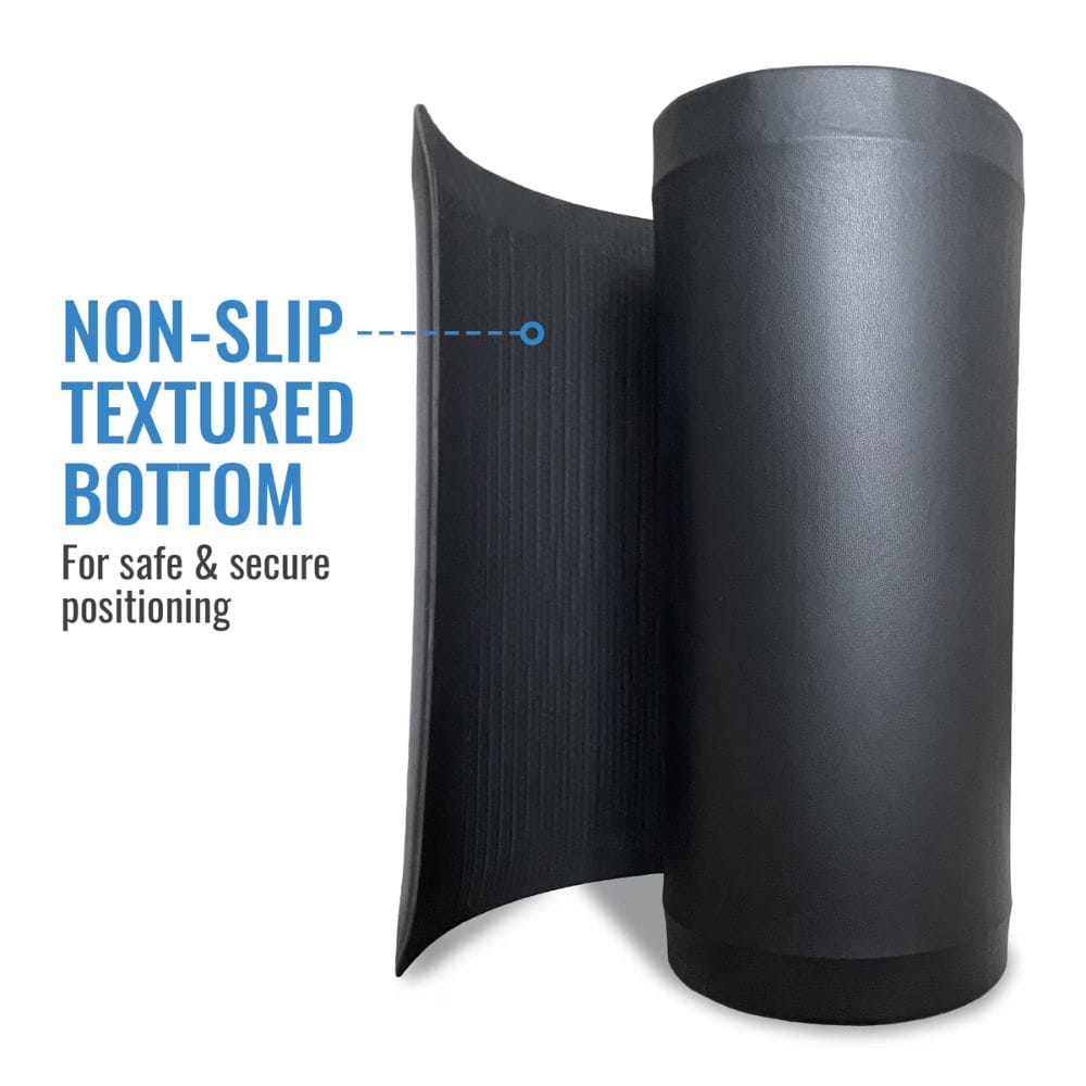 Black textured mat roll with text highlighting non-slip feature on a white background