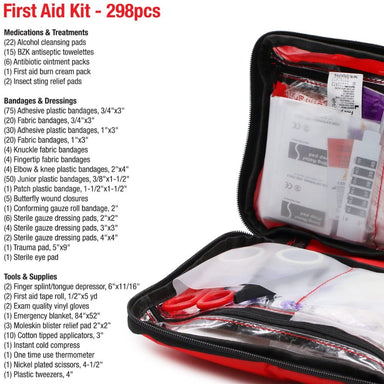 Open first aid kit with contents listed on a white background