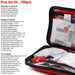 Open first aid kit with contents listed on a white background