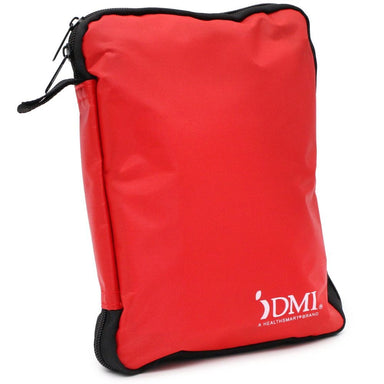 Red pouch with black zipper on a white background, featuring the DMI logo.