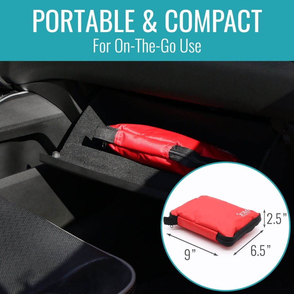 Red portable device in a car console with dimensions inset, on a teal background.