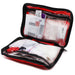 Open first aid kit with various supplies on a white background