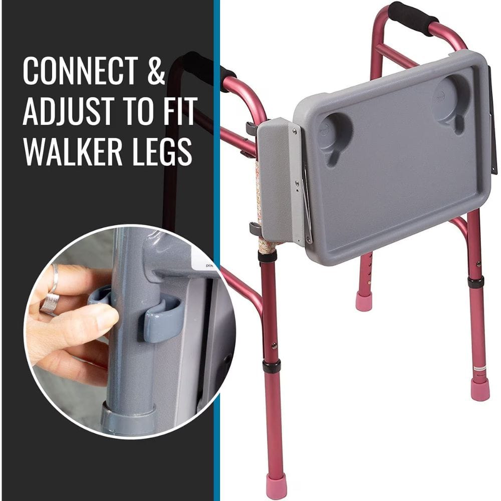 Walker with adjustable tray and close-up of connection mechanism on a white background