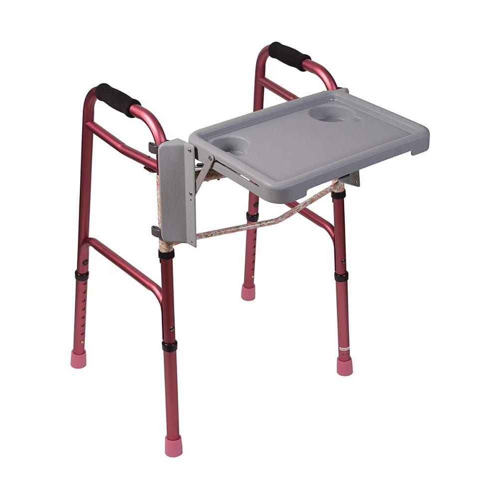 Red walker with attached gray tray on a white background