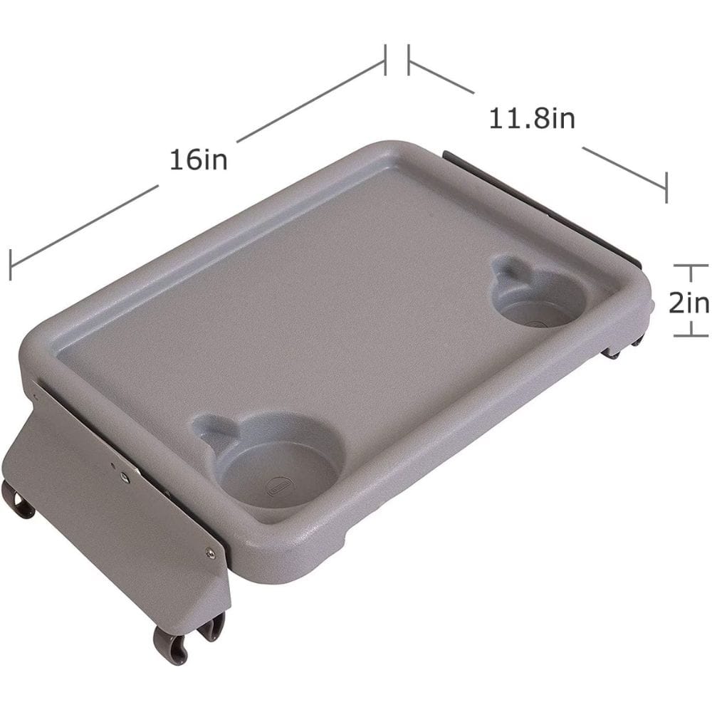 Gray tray with dimensions labeled on a white background