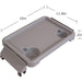 Gray tray with dimensions labeled on a white background
