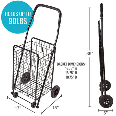 Black shopping cart with dimensions and weight capacity on a white background