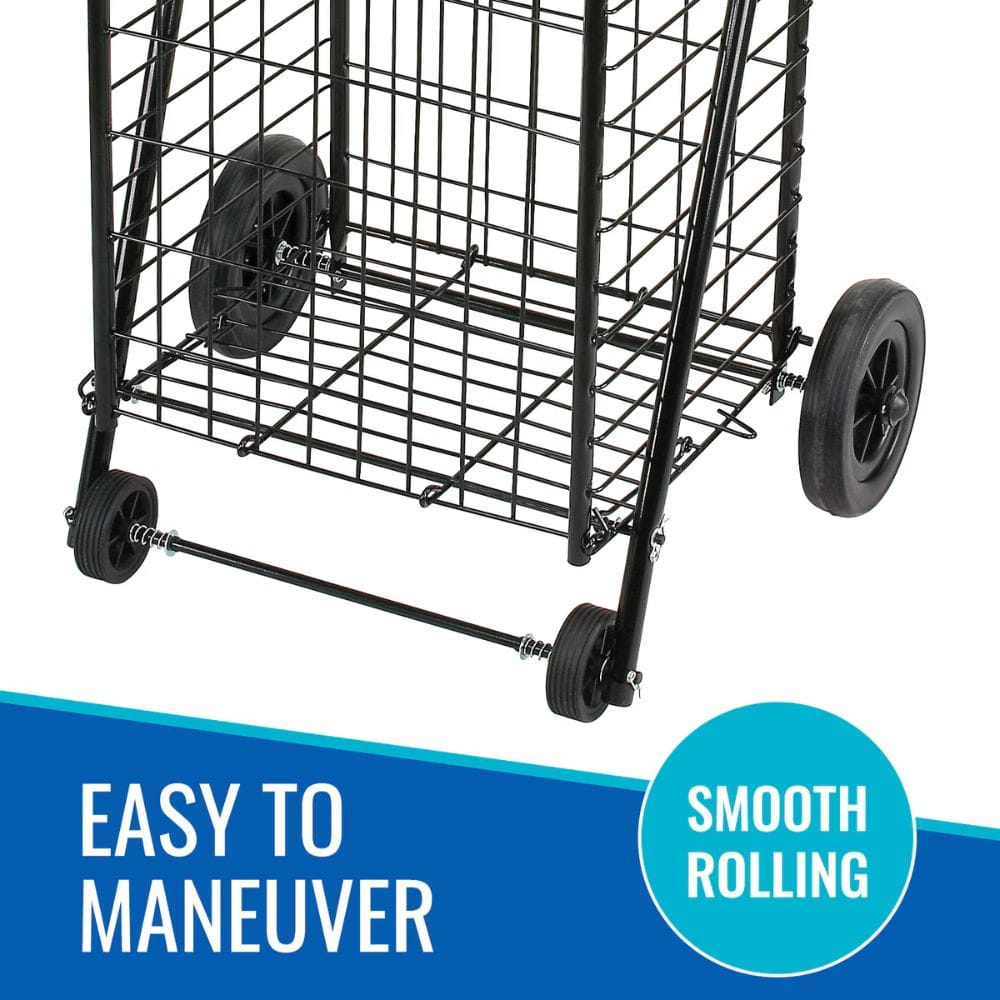 Black wire shopping cart with wheels on a white background