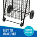 Black wire shopping cart with wheels on a white background