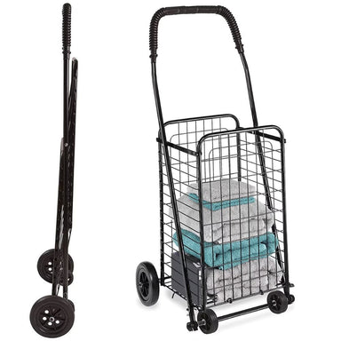 Black shopping cart with wheels filled with folded towels on a white background