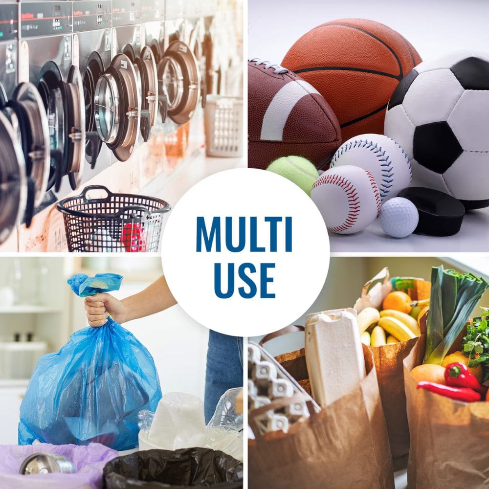 Collage of various items including sports balls, laundry, groceries, and a person with blue bags, with 'MULTI USE' text overlay.