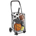 Basketball, soccer ball, and football in a wire shopping cart on a white background